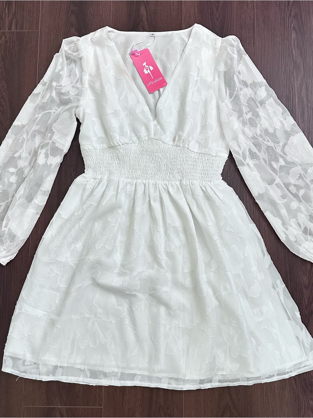 White Floral Lace V-Neck Smocked Waist Dress by